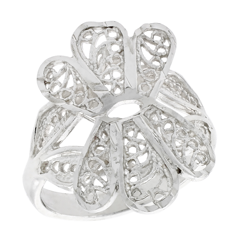Sterling Silver Fan-shaped Filigree Ring for Women 3/4 inch Long