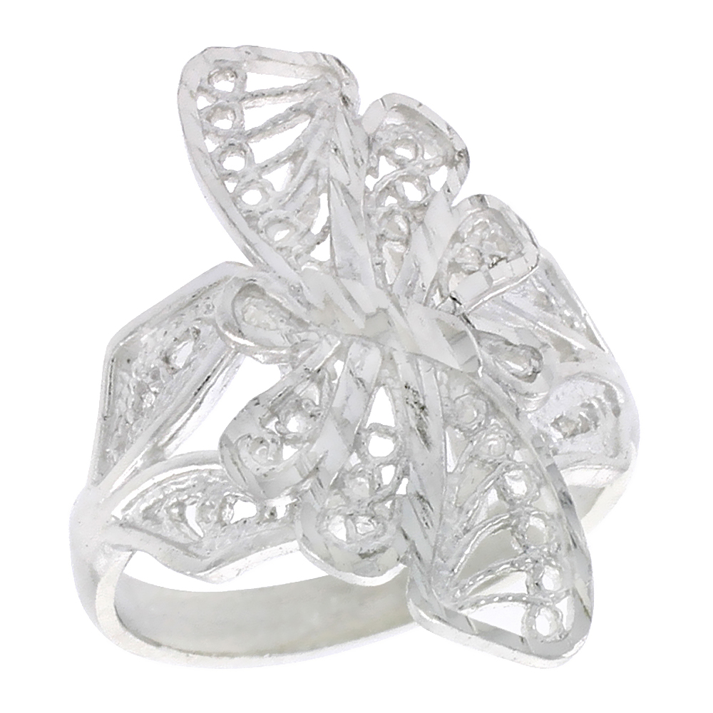 Sterling Silver Butterfly Filigree Ring for Women 7/8 inch Long