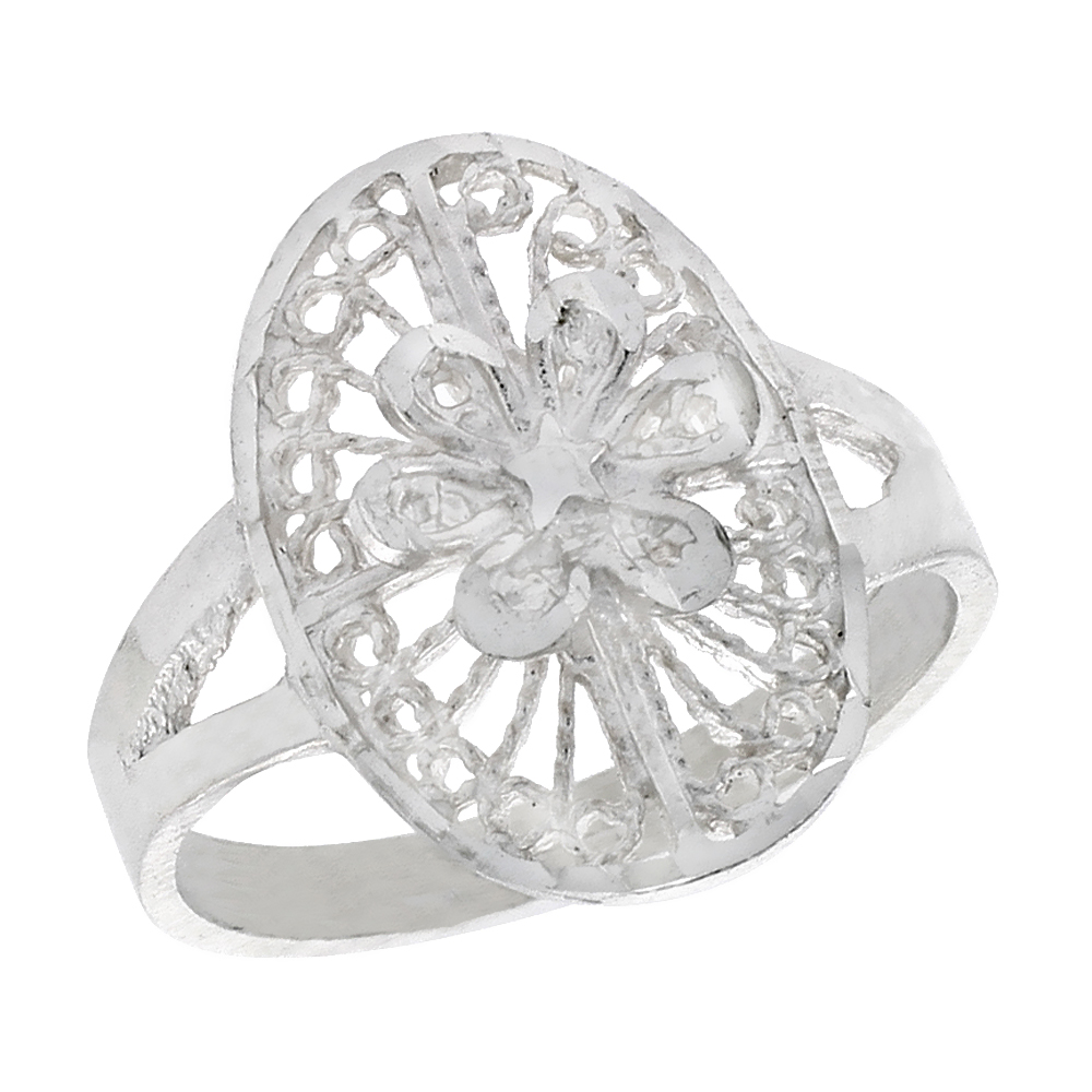 Sterling Silver Oval-shaped Floral Filigree Ring for Women 3/4 inch Long