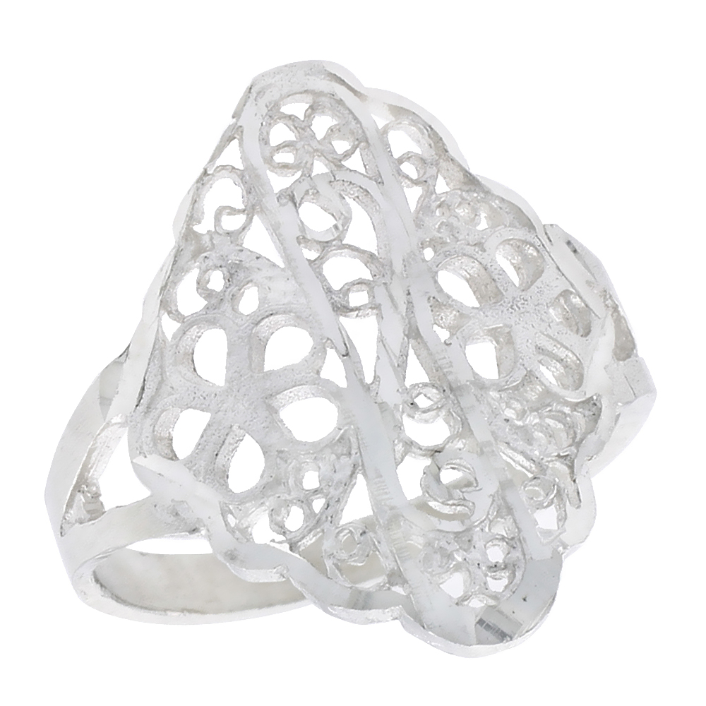 Sterling Silver Floral Filigree Ring for Women 3/4 inch Long