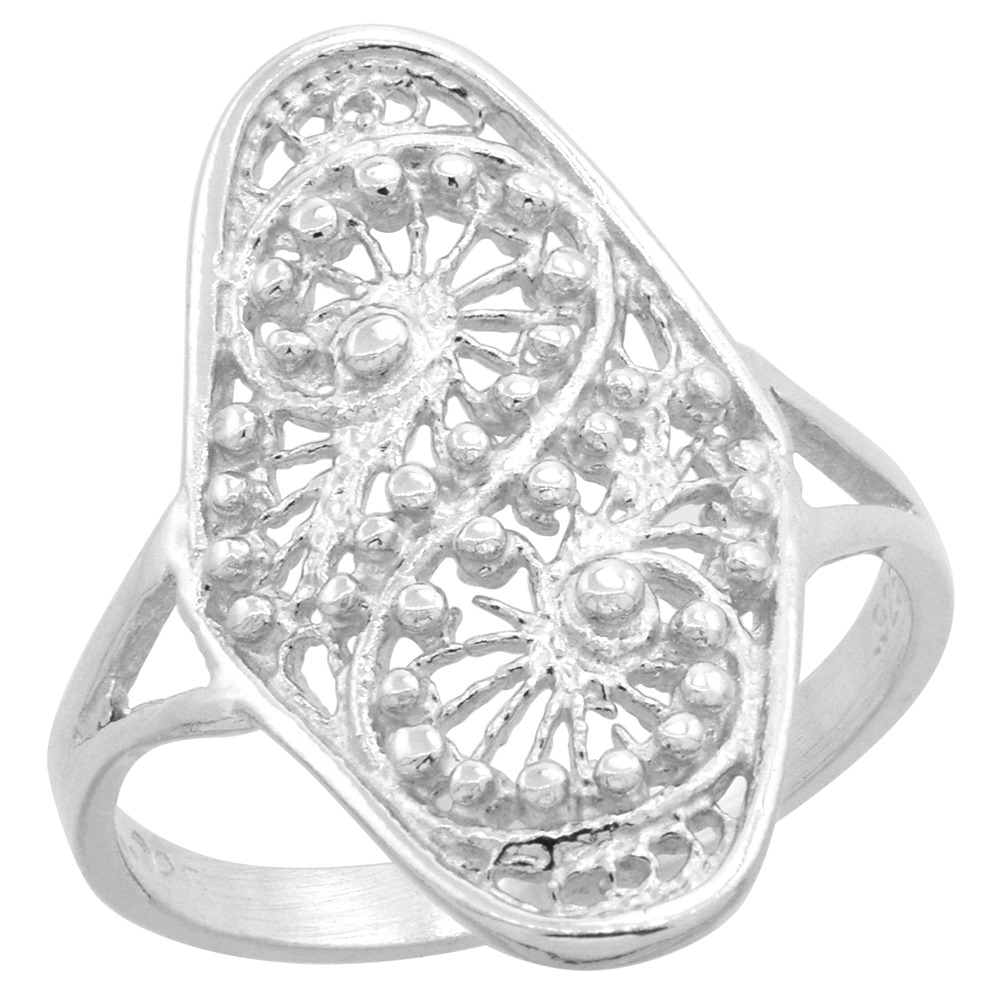 Sterling Silver Swirl Design Filigree Ring Tiny Beads for Women 7/8 inch Long