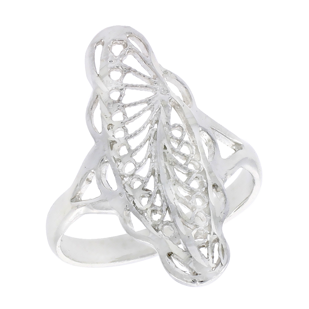 Sterling Silver Navette-shaped Filigree Ring for Women 7/8 inch Long