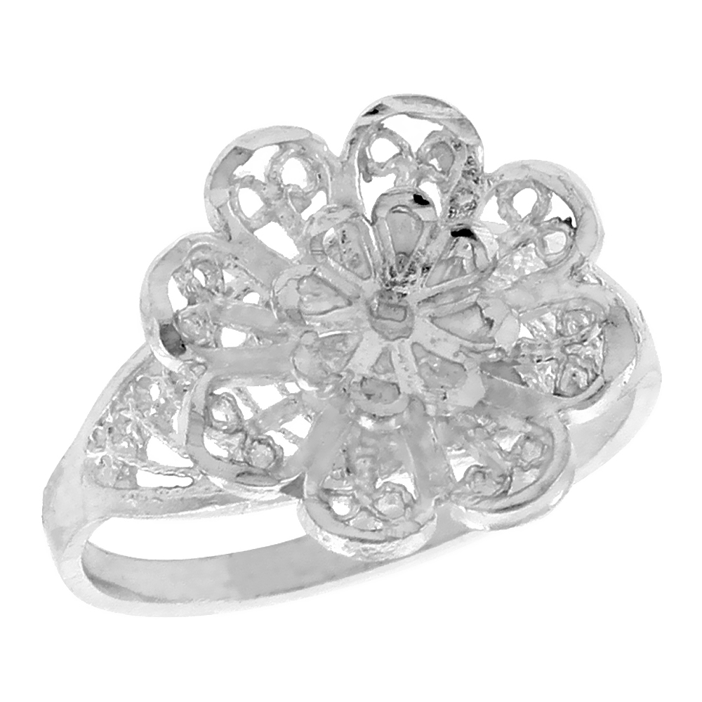 Sterling Silver Flower Filigree Ring for Women 1/2 inch Long