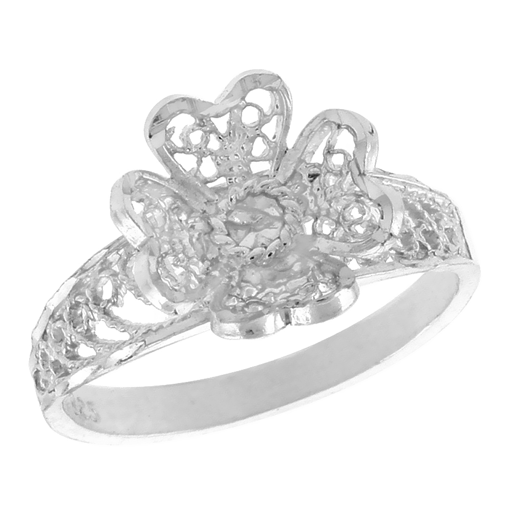 Sterling Silver FlowerHeart-shaped Petals Filigree Ring for Women 1/2 inch Long