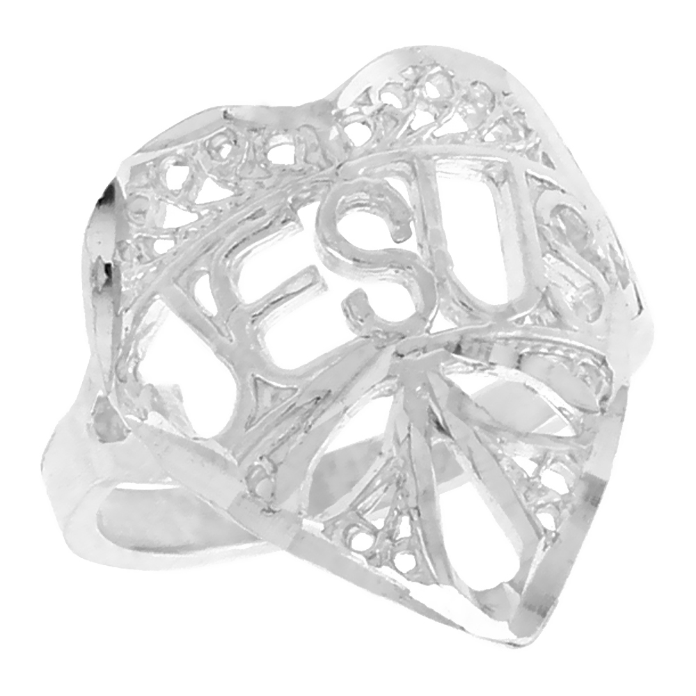 Sterling Silver JESUS Filigree Heart Ring for Women 3/4 inch Long