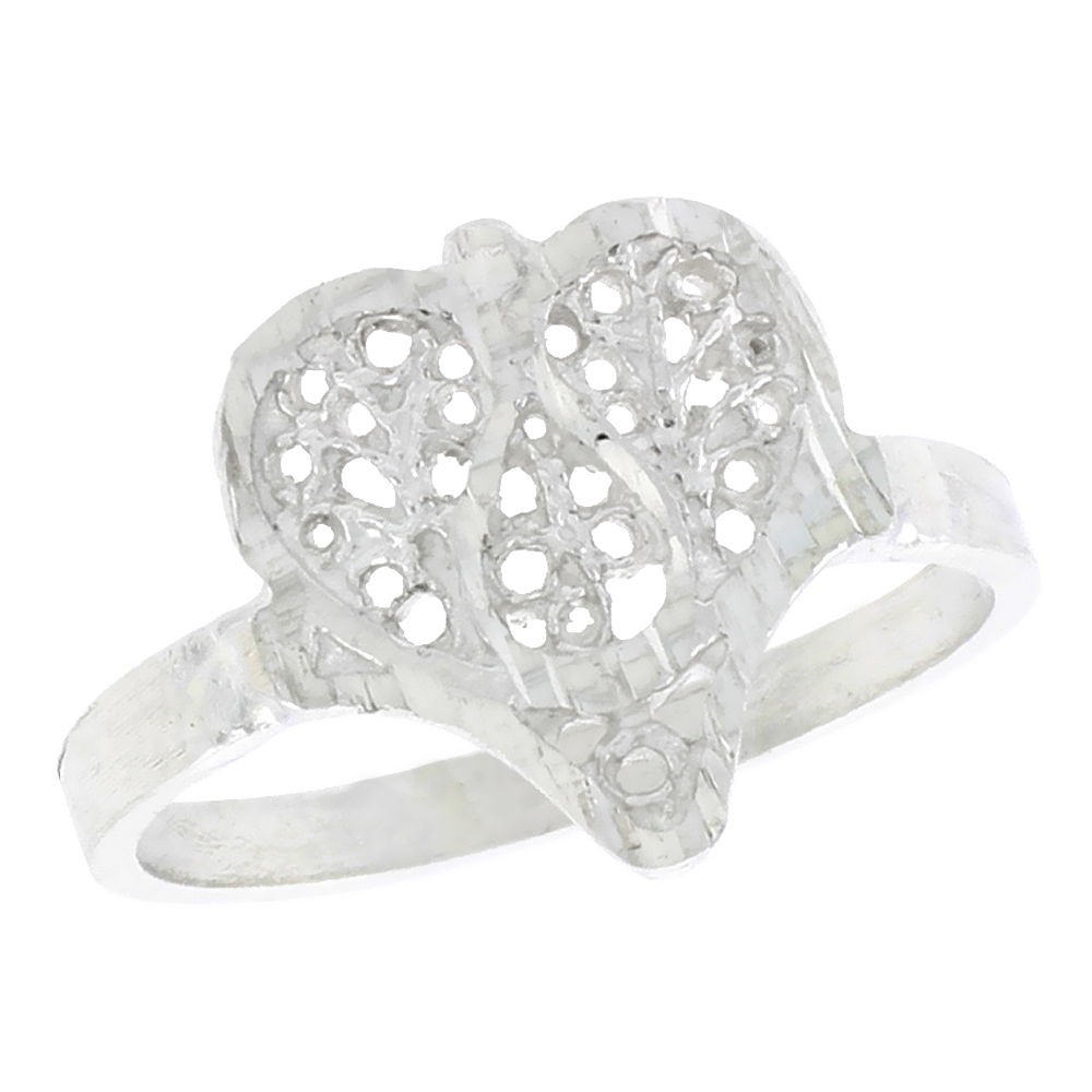Sterling Silver Filigree Heart Ring for Women 1/2 inch Long