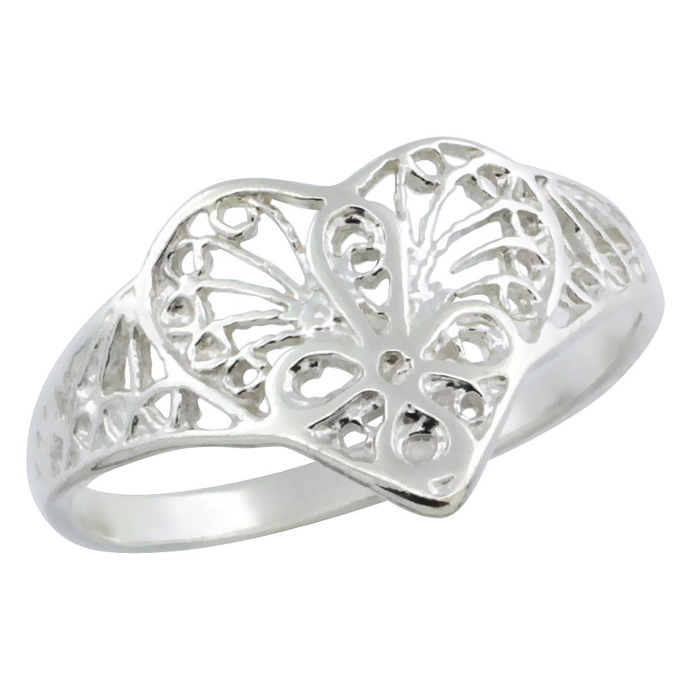 Sterling Silver Filigree Heart Ring for Women 1/2 inch Long