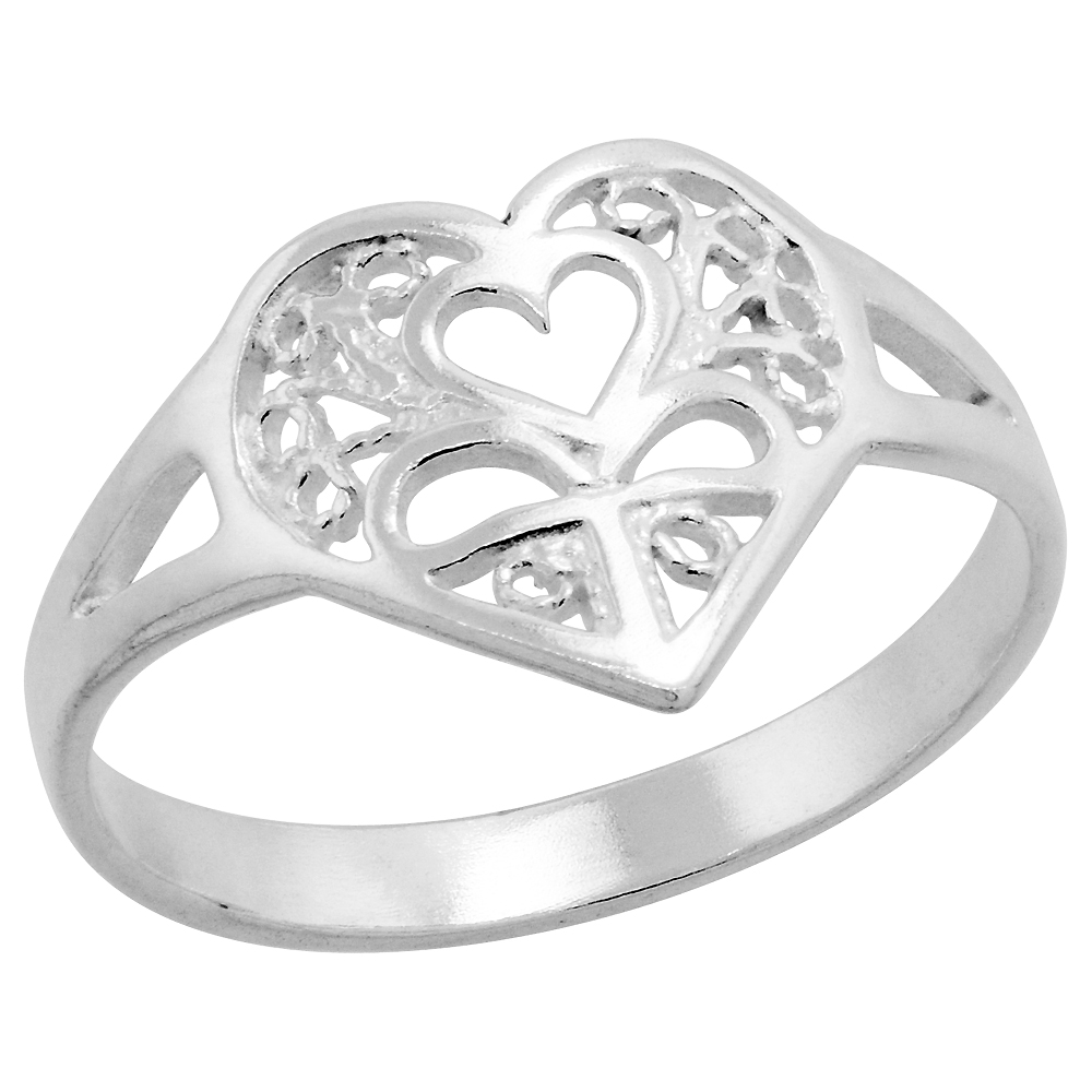 Sterling Silver Filigree Heart Ring for Women 1/2 inch Long