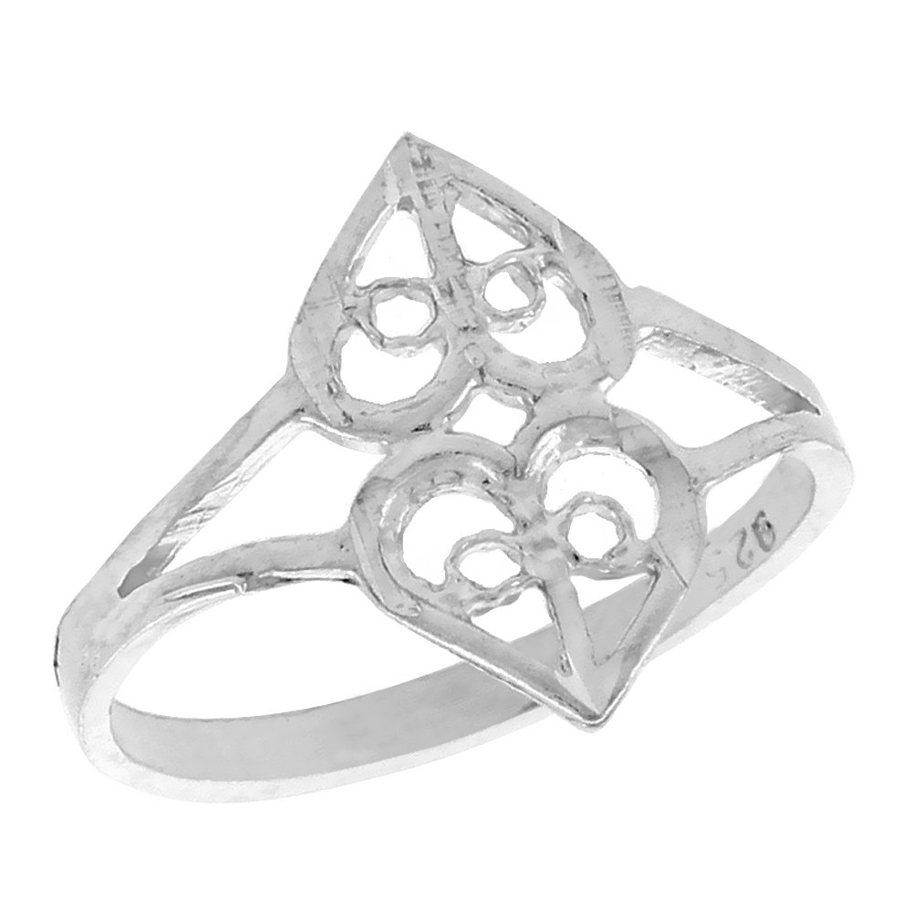 Sterling Silver Double Heart Cut-out Filigree Ring for Women 1/2 inch Long