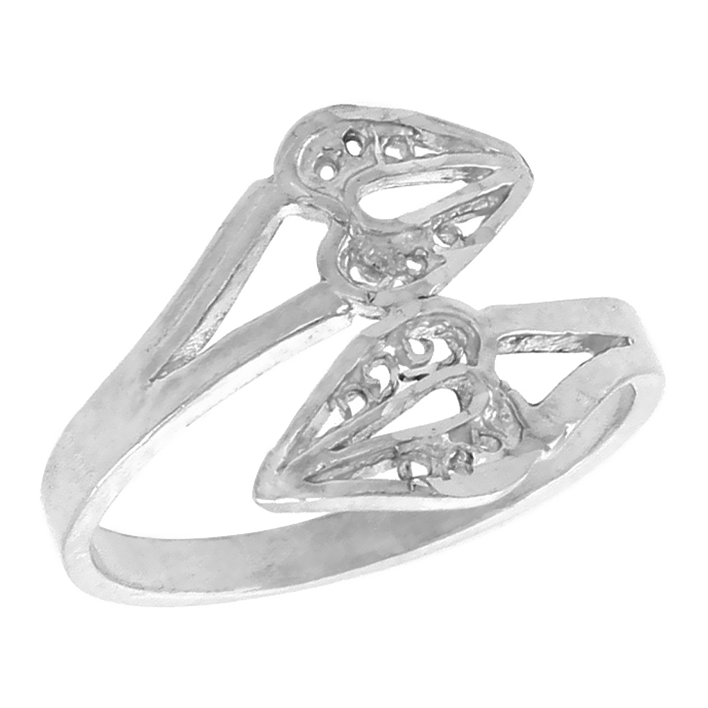Sterling Silver Bypass Heart Filigree Ring for Women 1/2 inch Long
