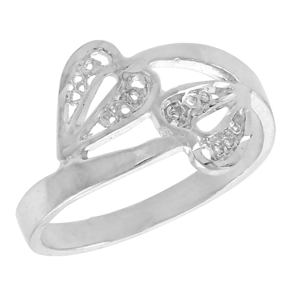 Sterling Silver Double Heart Filigree Bypass Ring for Women 1/2 inch Long