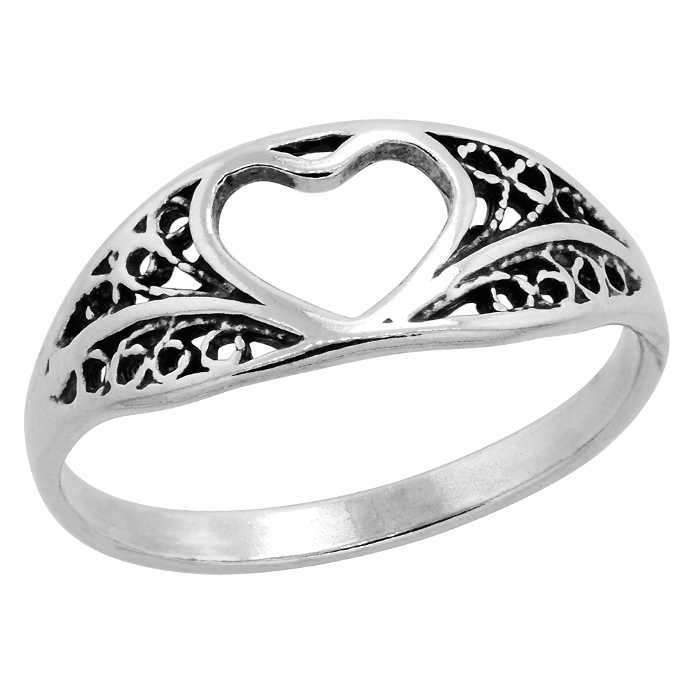 Sterling Silver Heart Cut-out Filigree Ring Oxidized 5/16 inch, sizes 5-10