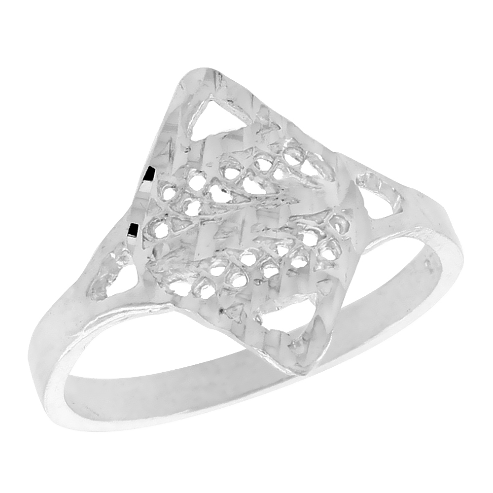 Sterling Silver Diamond-shaped Filigree Ring for Women 5/8 inch Long
