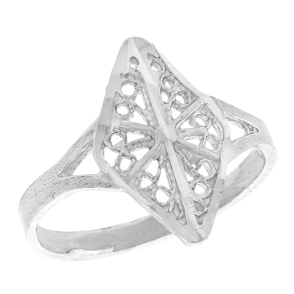 Sterling Silver Diamond-shaped Filigree Ring for Women 5/8 inch Long