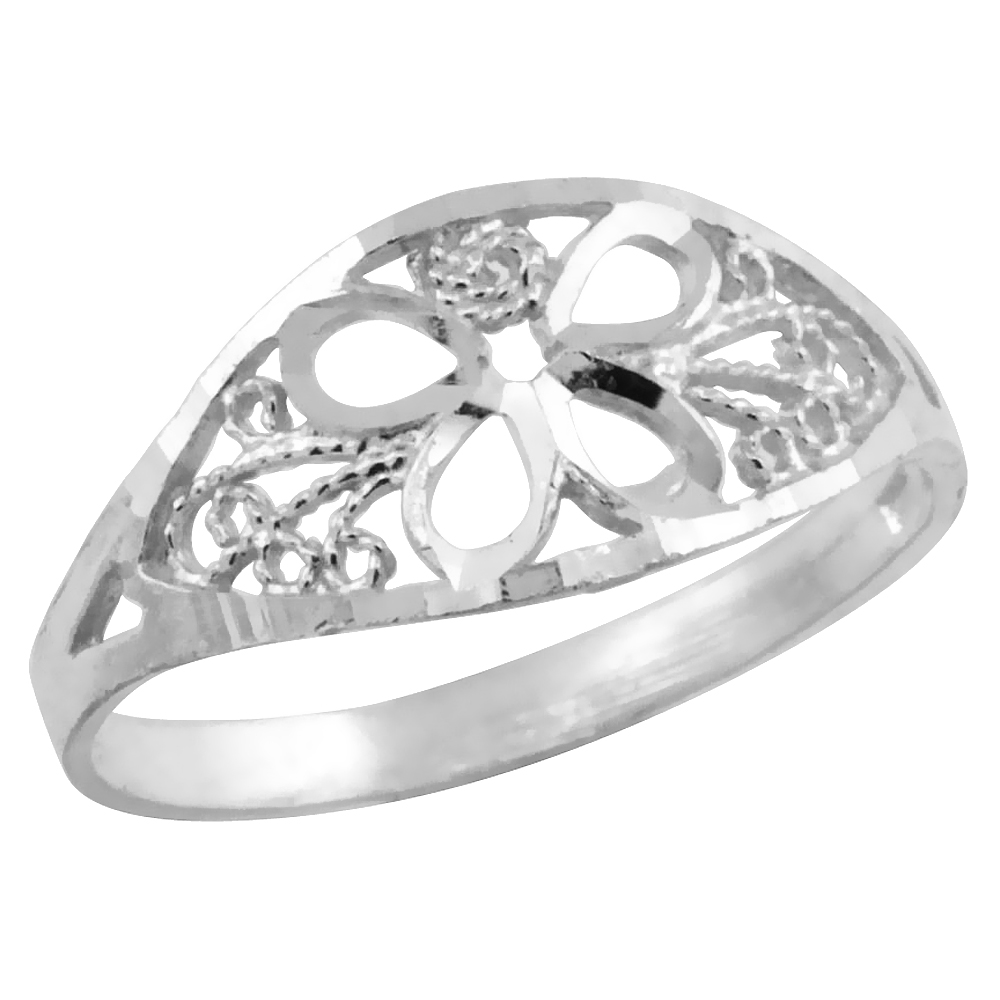 Sterling Silver Flower Filigree Ring for Women 5/16 inch Long