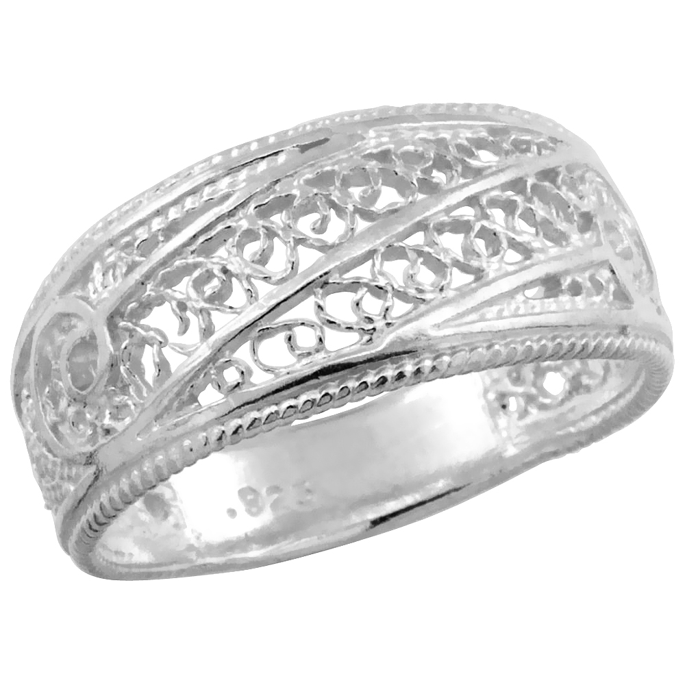 Sterling Silver Filigree Dome Ring for Women 3/8 inch Long