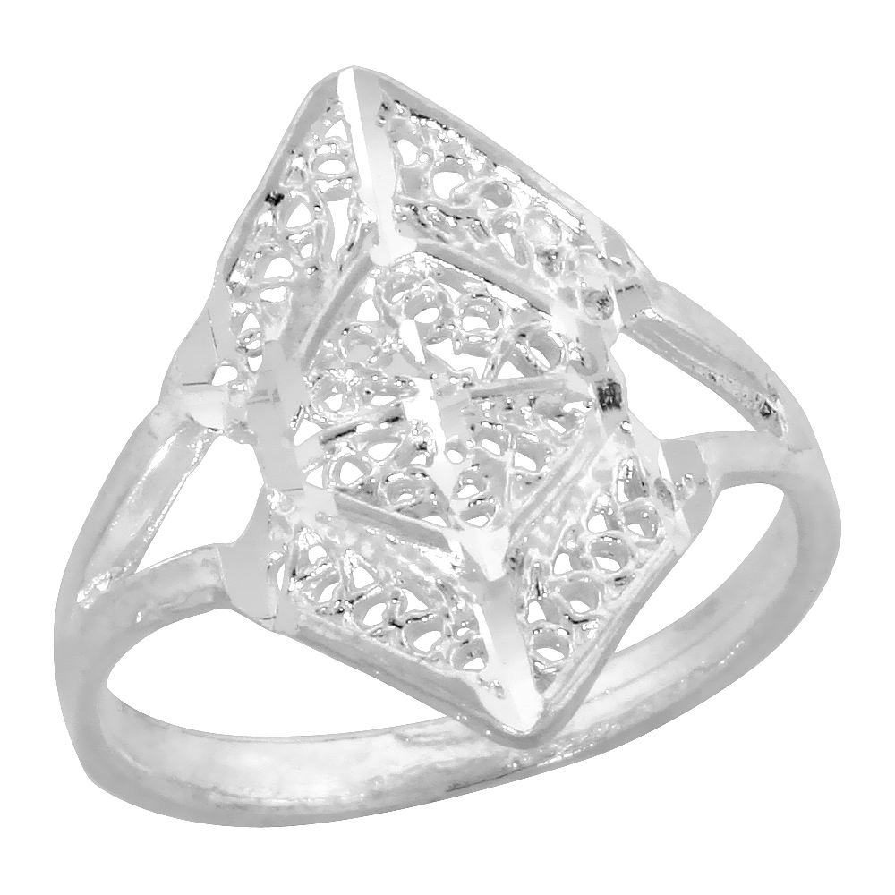 Sterling Silver Filigree Diamond-shaped Ring, 3/4 inch