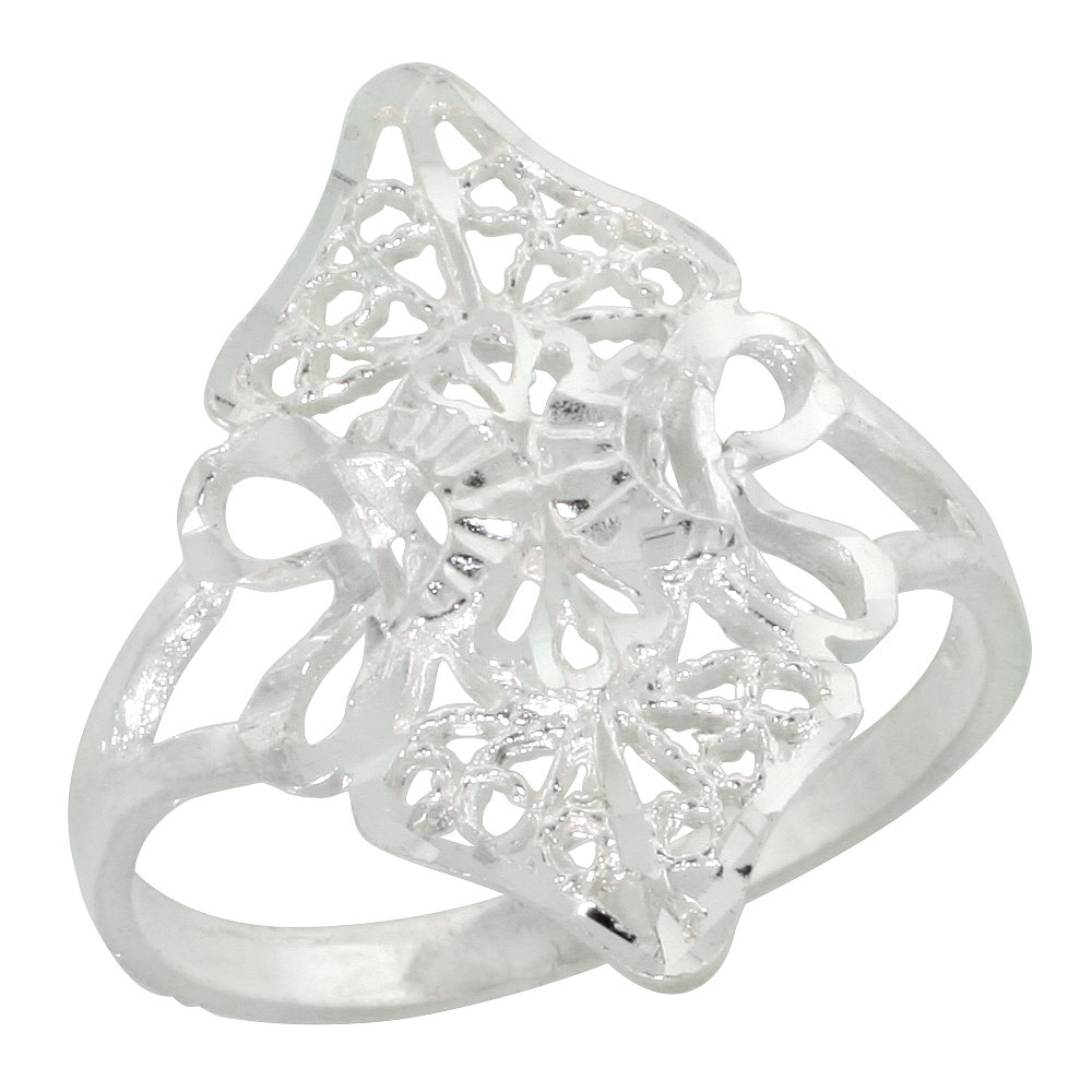 Sterling Silver Filigree Diamond-shaped Floral Ring, 3/4 inch