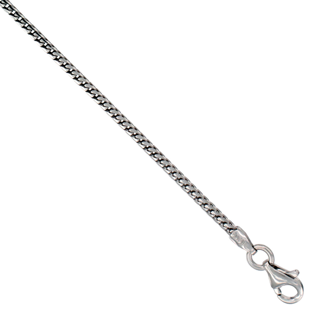 Sterling Silver Franco Chain Necklace 1.3mm Thin Rhodium Finish Nickel Free Italy, sizes 16 - 20 inch