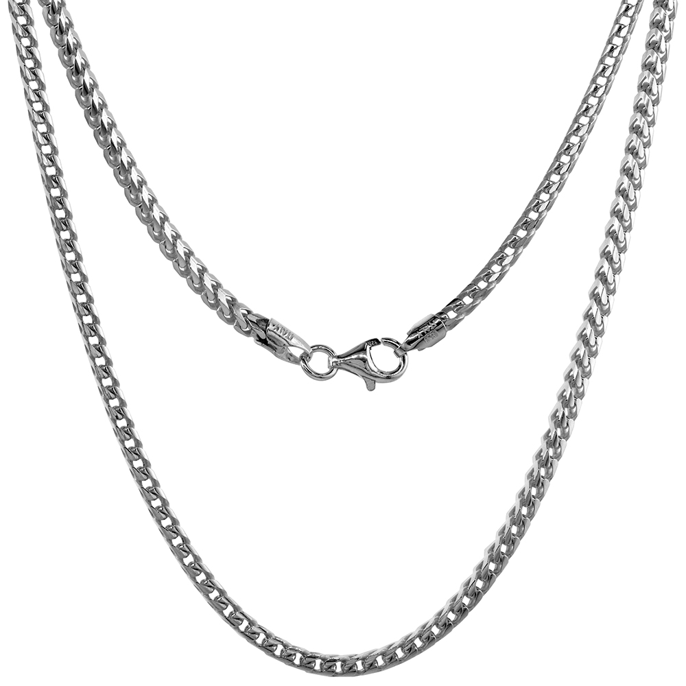 Sterling Silver Franco Chain Necklace 2.4mm Rhodium Finish Nickel Free Italy, sizes 24 - 36 inch