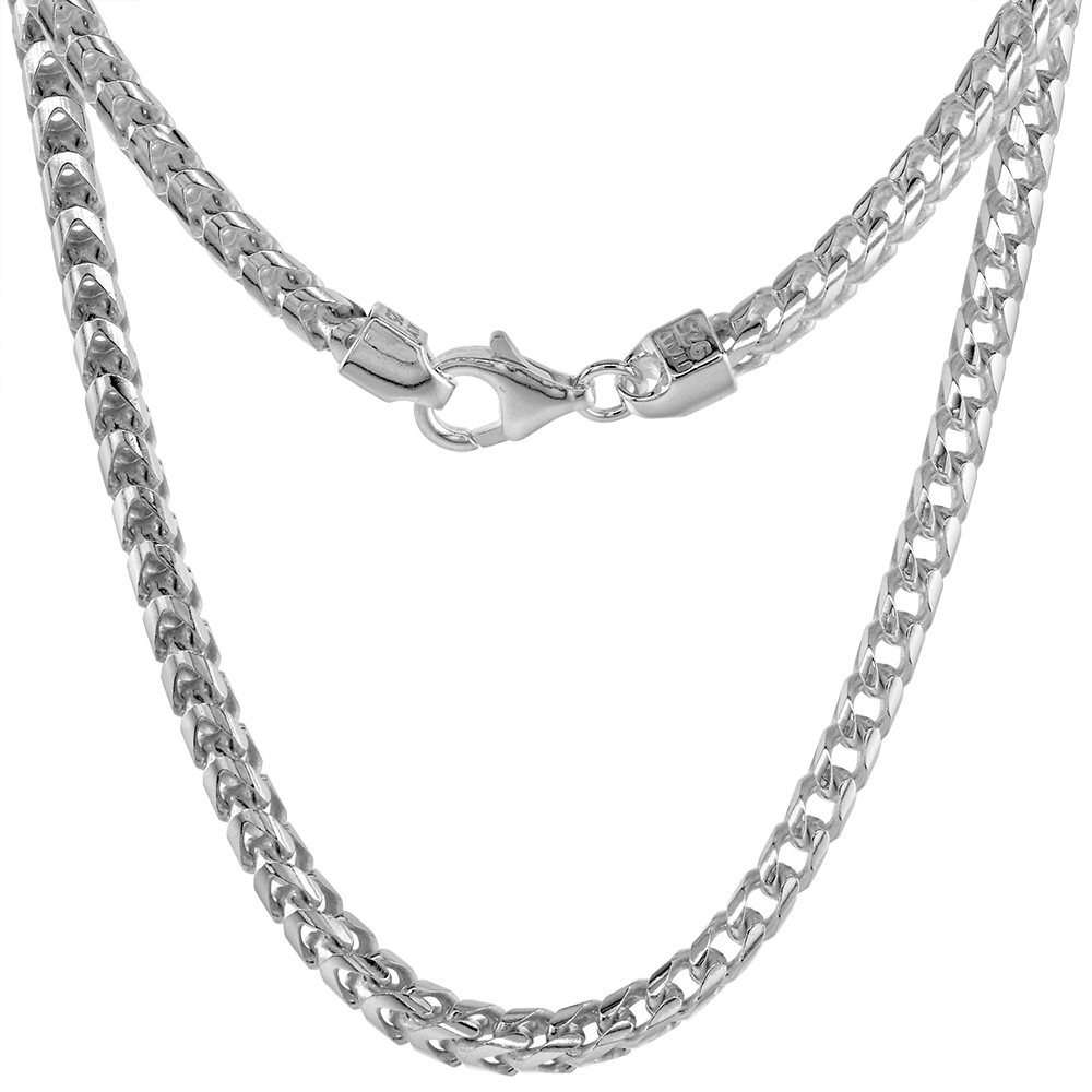 STERLING SILVER RHODIUM PLATED 3.5MM FRANCO CHAIN NECKLACE FOR MEN NICKEL FREE ITALY SIZES 20 - 36 INCH