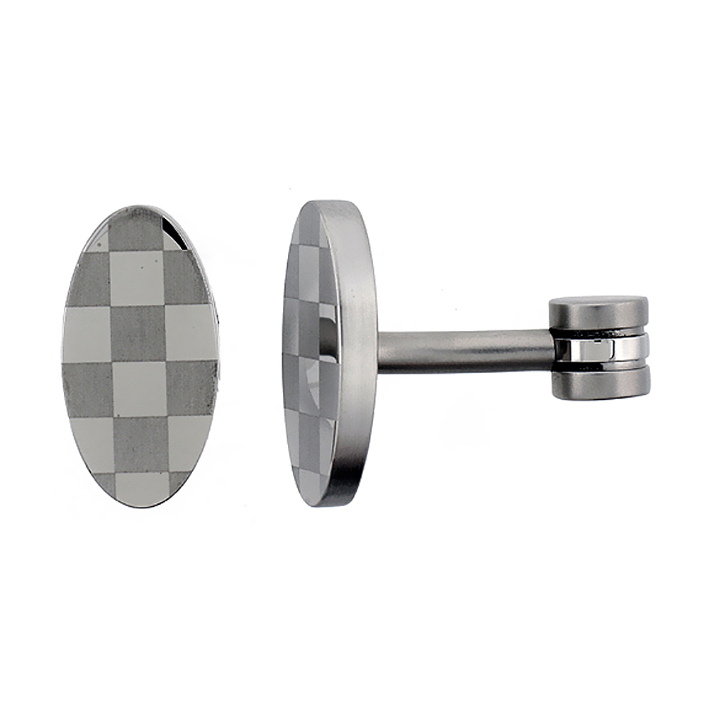 Stainless Steel Oval Shape, Cufflinks with Checkered pattern
