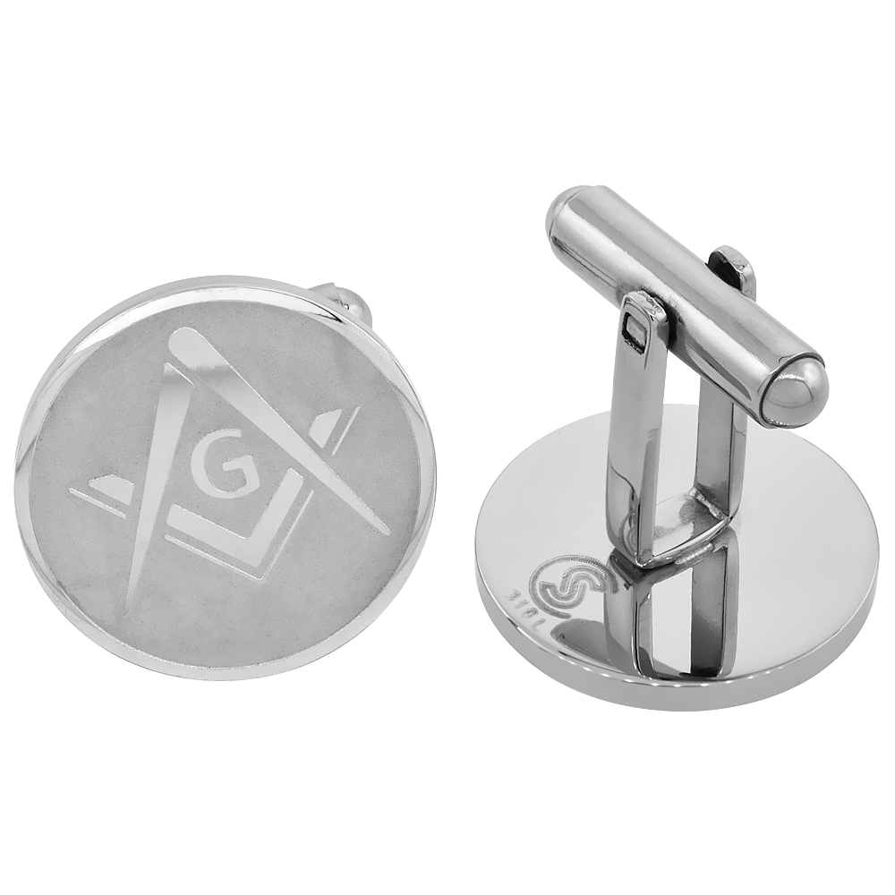 Stainless Steel Masonic Symbol Cufflinks Square and Compass Round Beveled Edge, 3/4 inches