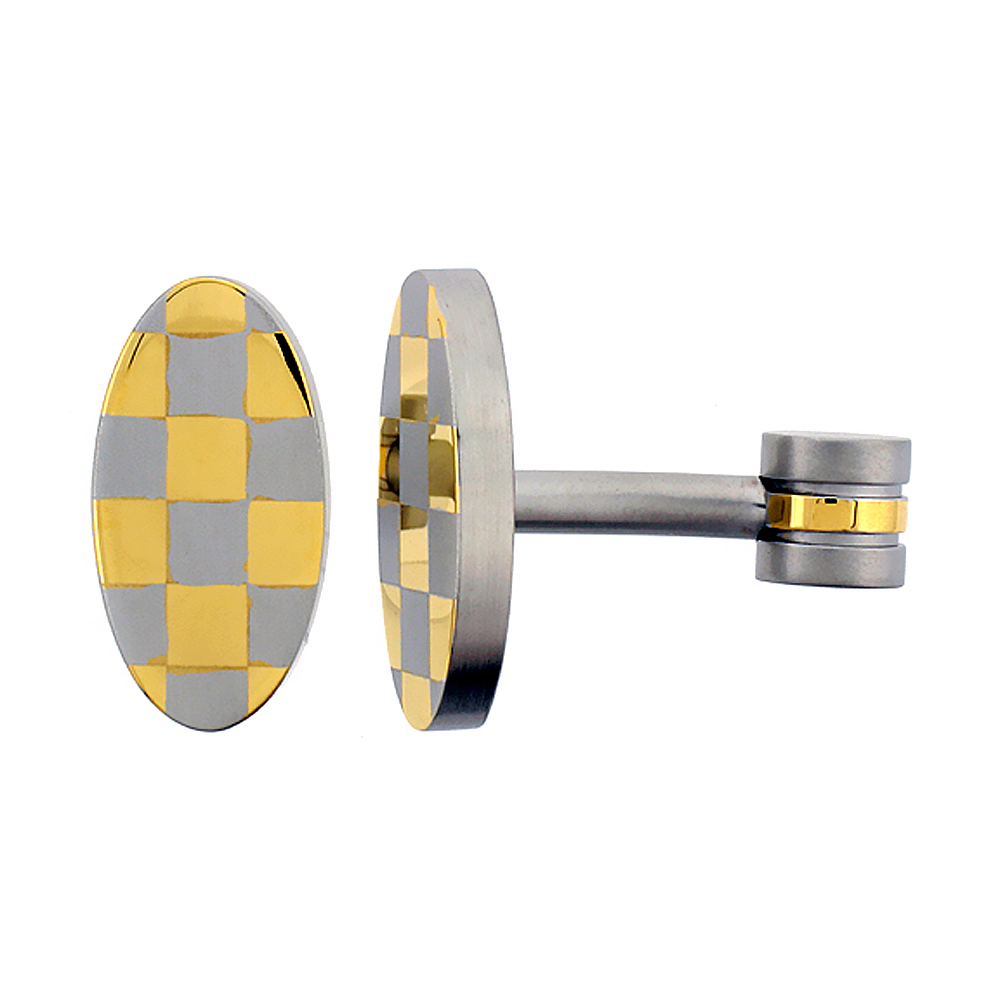 Stainless Steel Oval Shape Cufflinks Gold Plated Checkered Pattern