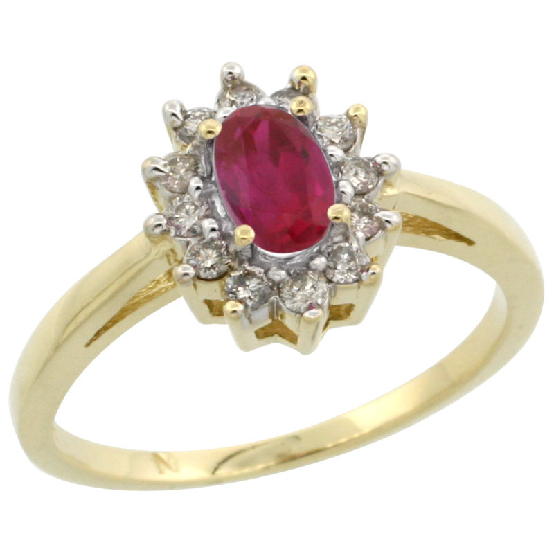 14k Gold ( 6x4 mm ) Halo Engagement Created Ruby Ring w/ 0.212 Carat Brilliant Cut Diamonds &amp; 0.45 Carat Oval Cut Stone, 7/16 in. (11mm) wide