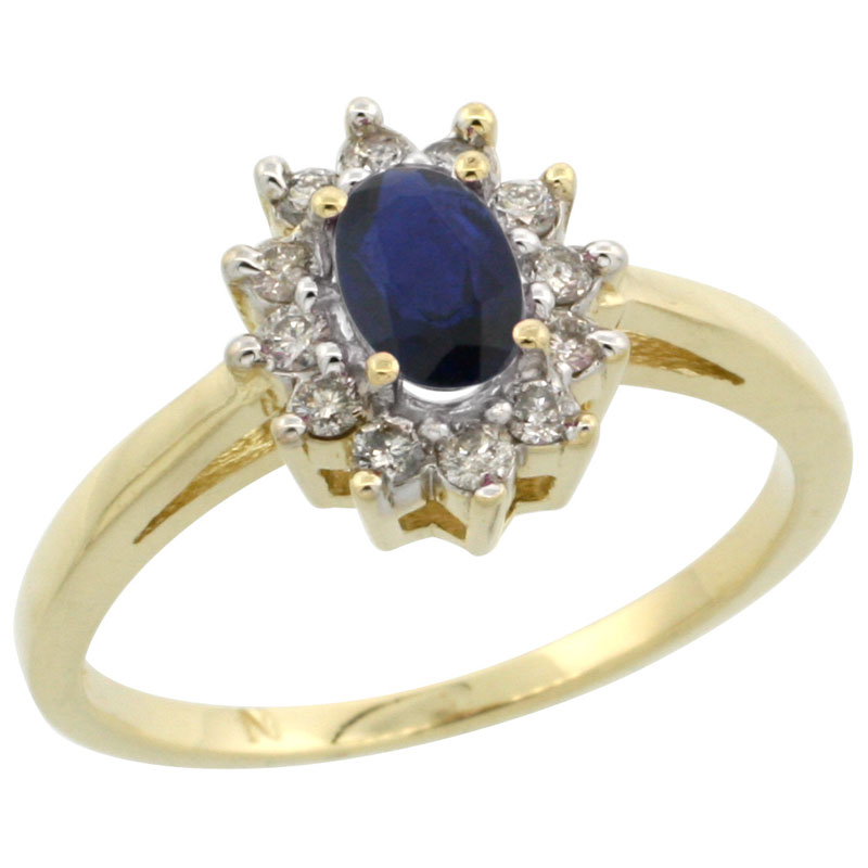 14k Gold ( 6x4 mm ) Halo Engagement Created Blue Sapphire Ring w/ 0.212 Carat Brilliant Cut Diamonds &amp; 0.45 Carat Oval Cut Stone, 7/16 in. (11mm) wide