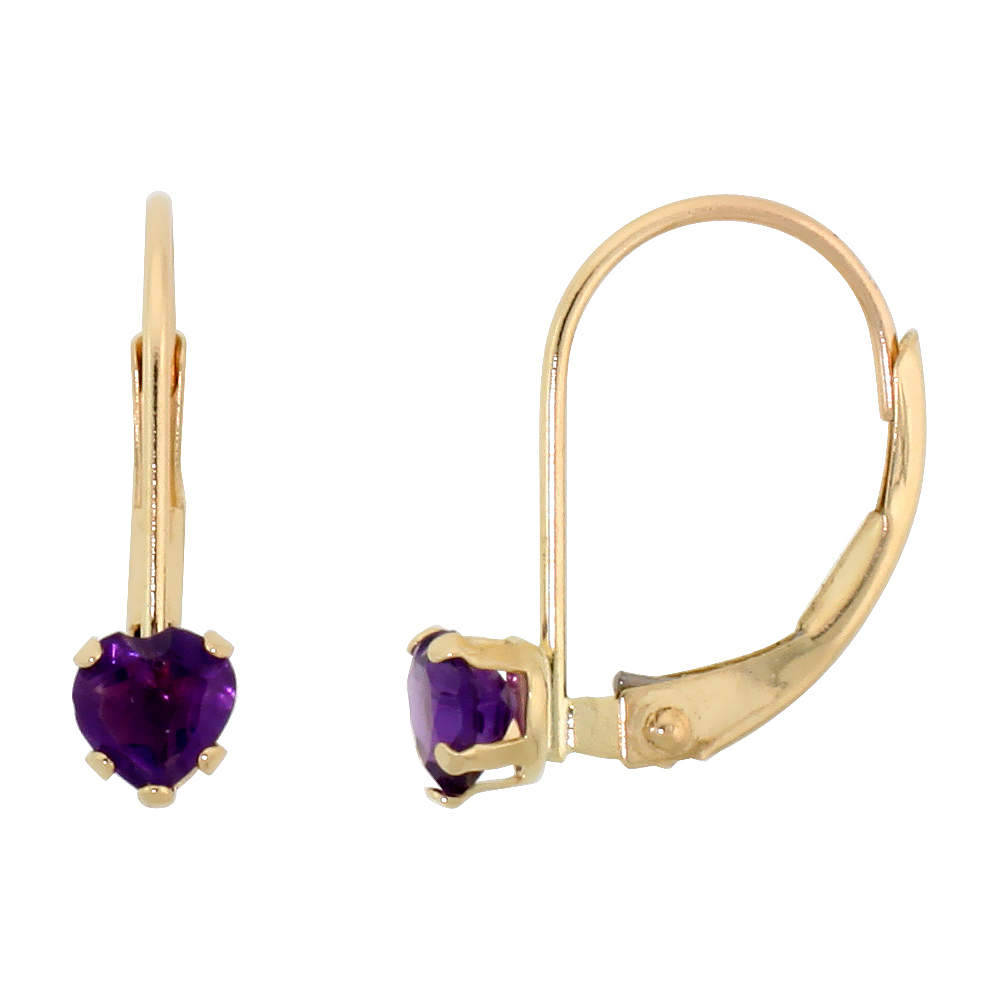 10K YELLOW GOLD NATURAL GARNET HEART LEVERBACK EARRINGS 4MM JANUARY BIRTHSTONE, 9/16 INCH LONG