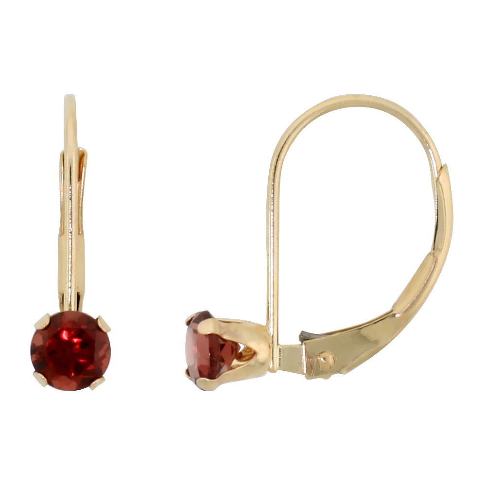 10K YELLOW GOLD NATURAL GARNET LEVERBACK EARRINGS 1/2 CT BRILLIANT CUT JANUARY BIRTHSTONE, 9/16 INCH LONG