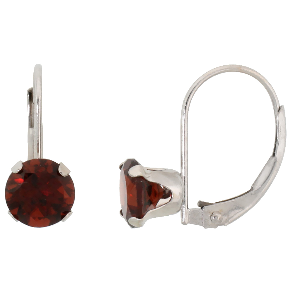 10K WHITE GOLD NATURAL GARNET LEVERBACK EARRINGS 6MM BRILLIANT CUT JANUARY BIRTHSTONE, 9/16 INCH LONG