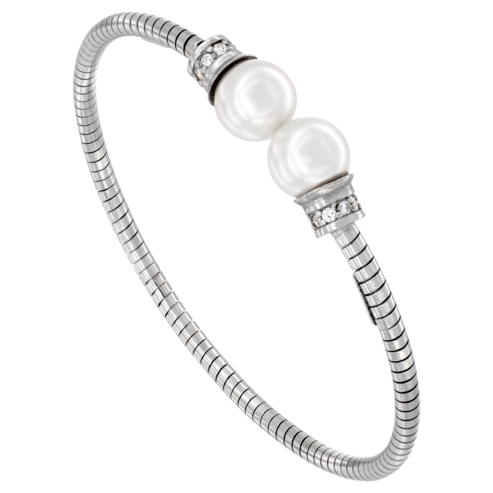 Sterling Silver Italian Small Cuff Bangle Rhodium Finish Pearl and Cubic Zirconia Accents, 2 1/4 inch wide