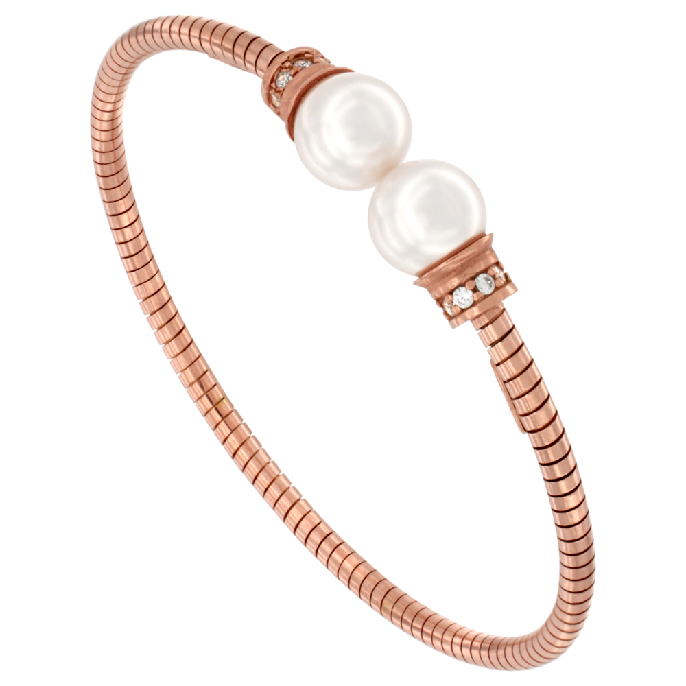 STERLING SILVER FLEX TUBE CUFF BRACELET AUSTRIAN CRYSTAL PEARL ENDS ROSE GOLD FINISH CZ STONES, 7 INCH