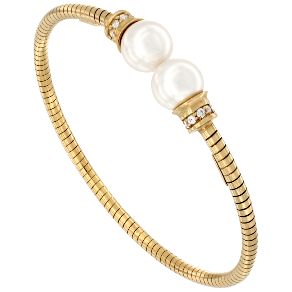Sterling Silver Italian Small Cuff Bangle Yellow Gold Finish Pearl and Cubic Zirconia Accents, 2 1/4 inch wide