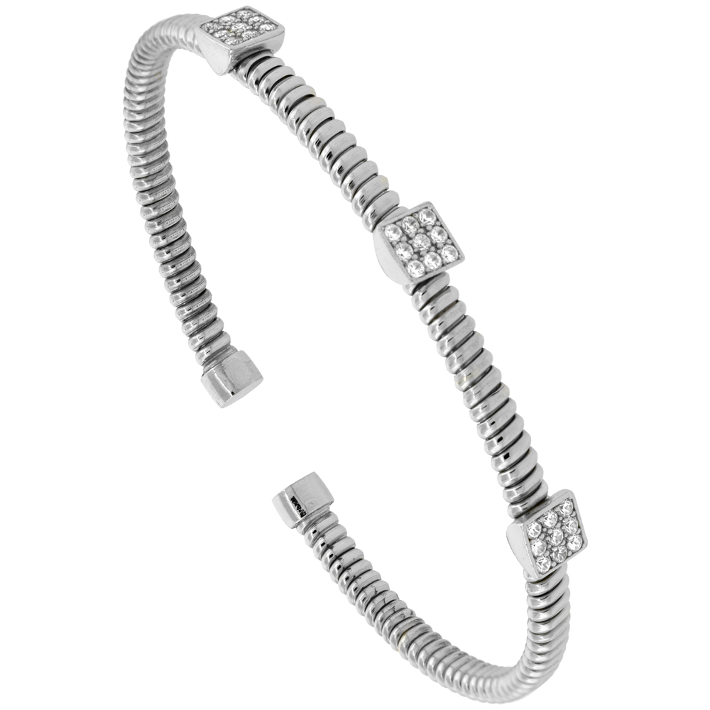 STERLING SILVER FLEX TUBE CUFF BRACELET SQUARE CUBIC ZIRCONIA STATIONS RHODIUM FINISH, FITS 6 - 7 INCH WRISTS