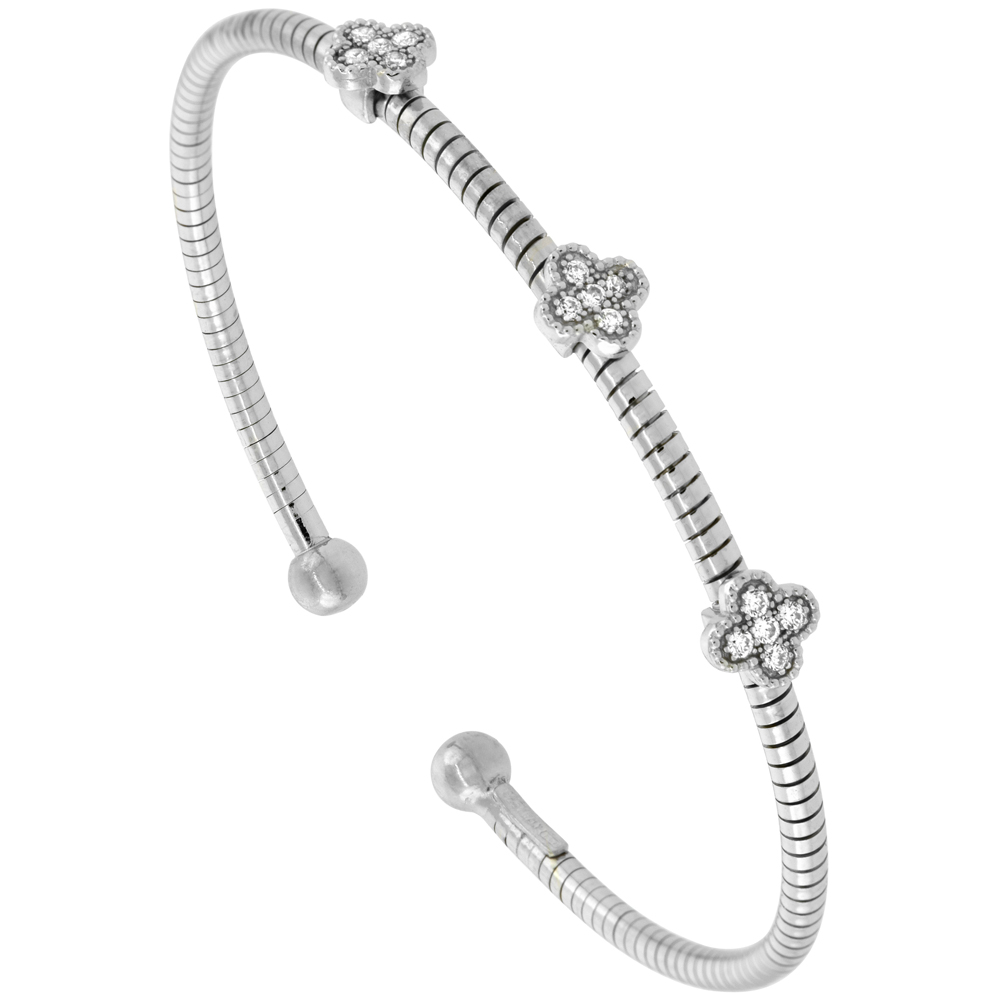 STERLING SILVER FLEX TUBE CUFF BRACELET FLOWER CUBIC ZIRCONIA STATIONS RHODIUM FINISH, FITS 6 - 7 INCH WRISTS