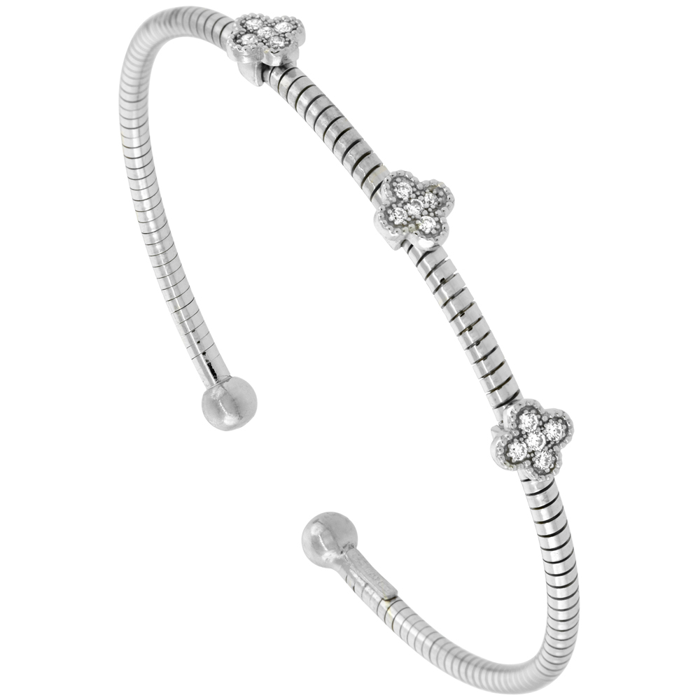 Sterling Silver Flexible Italian Small Cuff Floral Station Bangle Cubic Zirconia Accents 2 inches wide, fits most 6 - 7 wrists