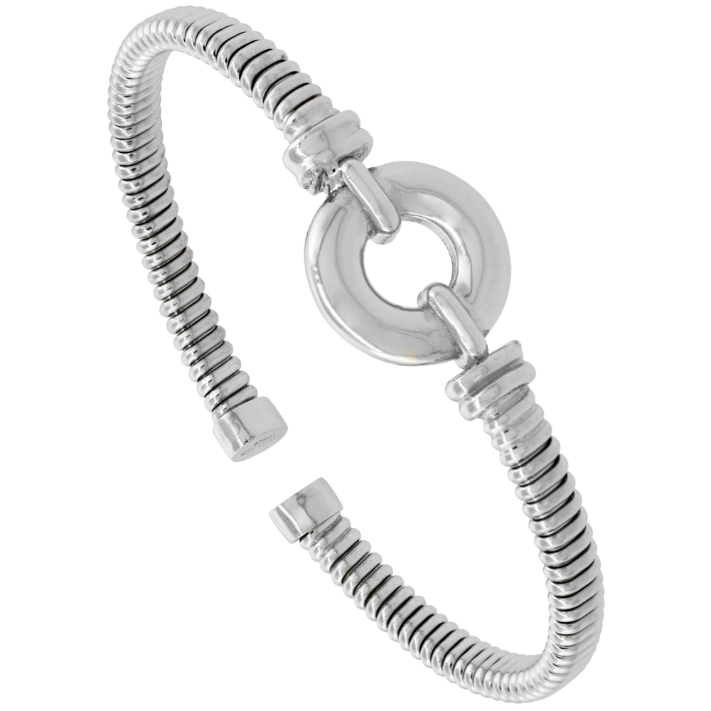 STERLING SILVER FLEX TUBE CUFF BRACELET WITH HOLED COIN RHODIUM FINISH, FITS 6 - 7 INCH WRISTS