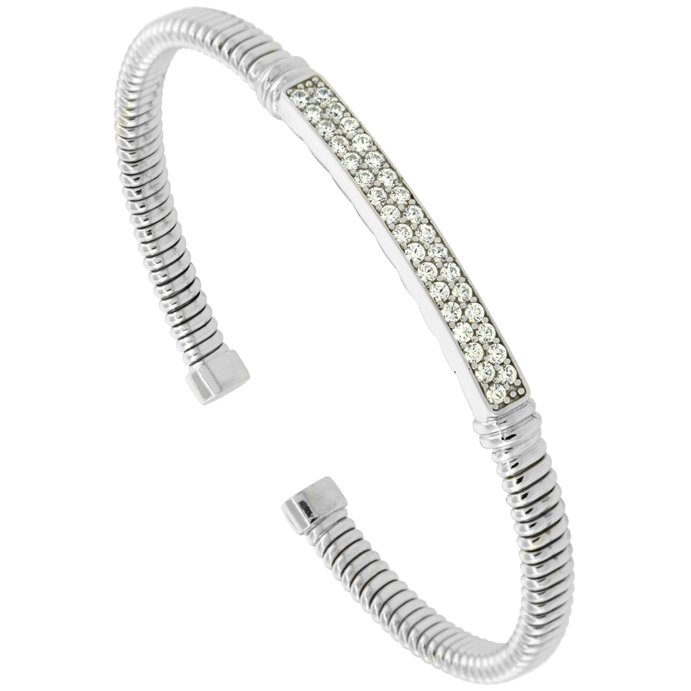 Sterling Silver Flexible Italian Small Bar Station Bangle Cubic Zirconia Accents 2 inches wide, fits most 6 - 7 wrists