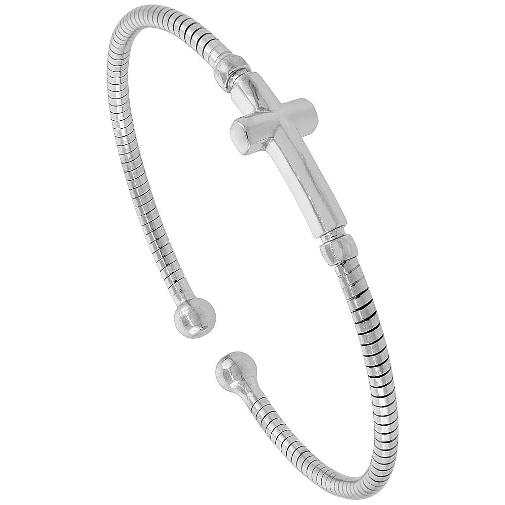 STERLING SILVER FLEX TUBE CUFF BRACELET WITH SIDEWAY CROSS RHODIUM FINISH, FITS 6 - 7 INCH WRISTS