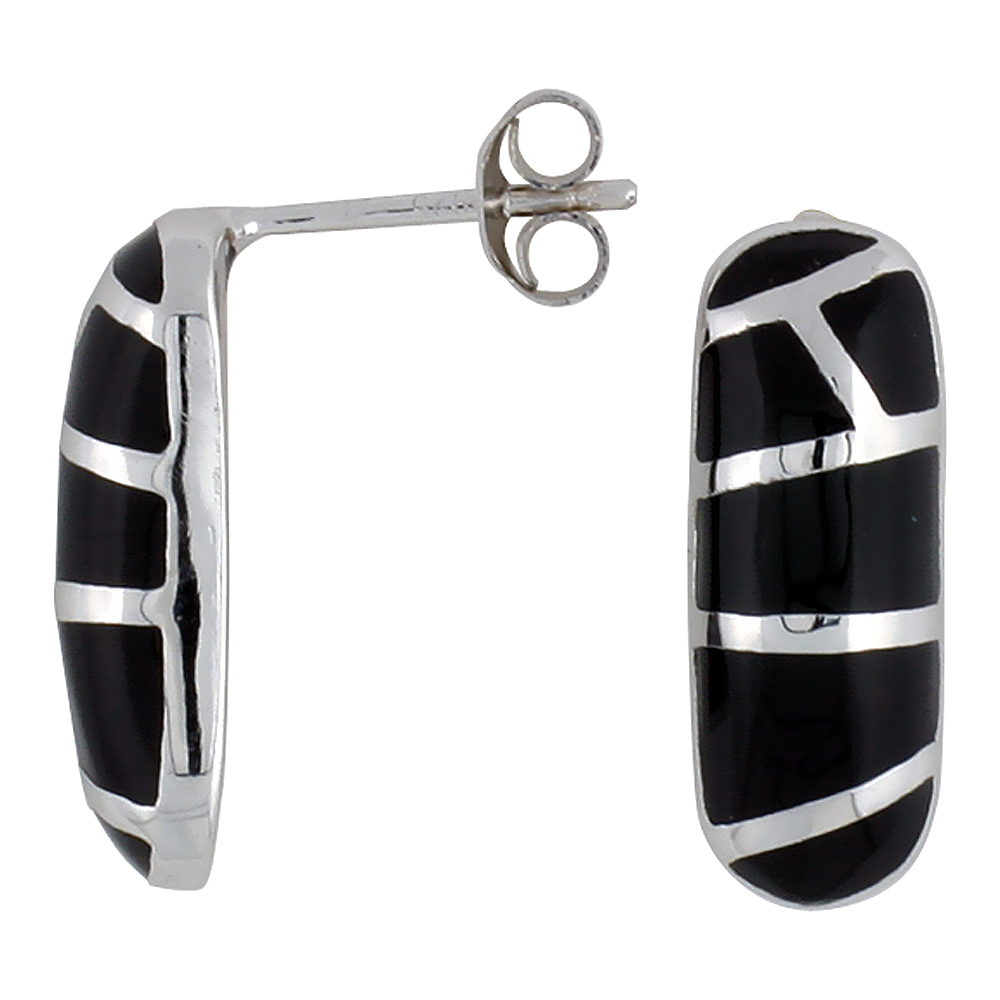 Sterling Silver Stripe Black Cylindrical Resin Earrings, 1/4 inch wide