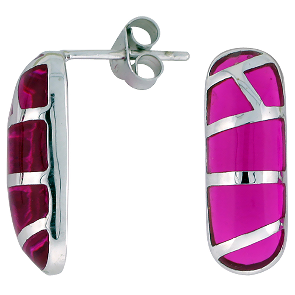 Sterling Silver Stripe Pink Cylindrical Resin Earrings, 1/4 inch wide