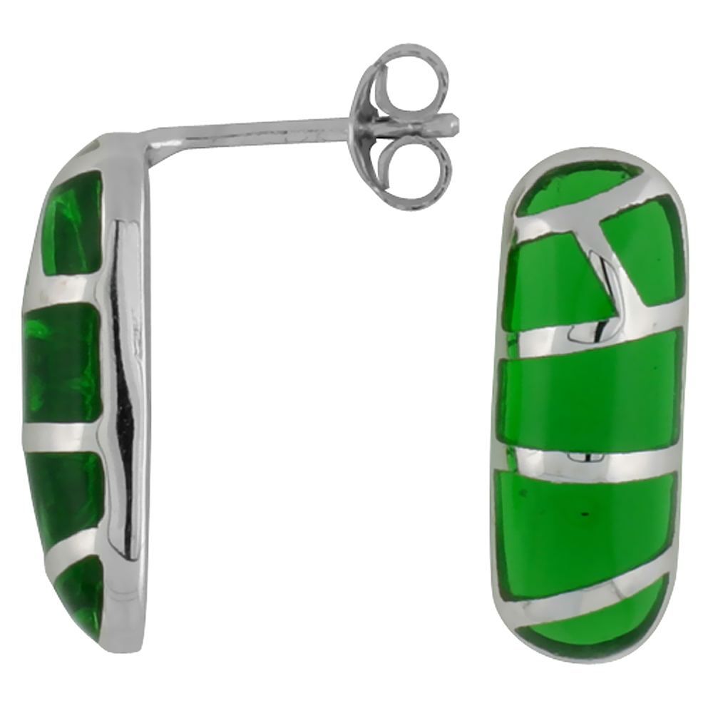 Sterling Silver Stripe Green Cylindrical Resin Earrings, 1/4 inch wide
