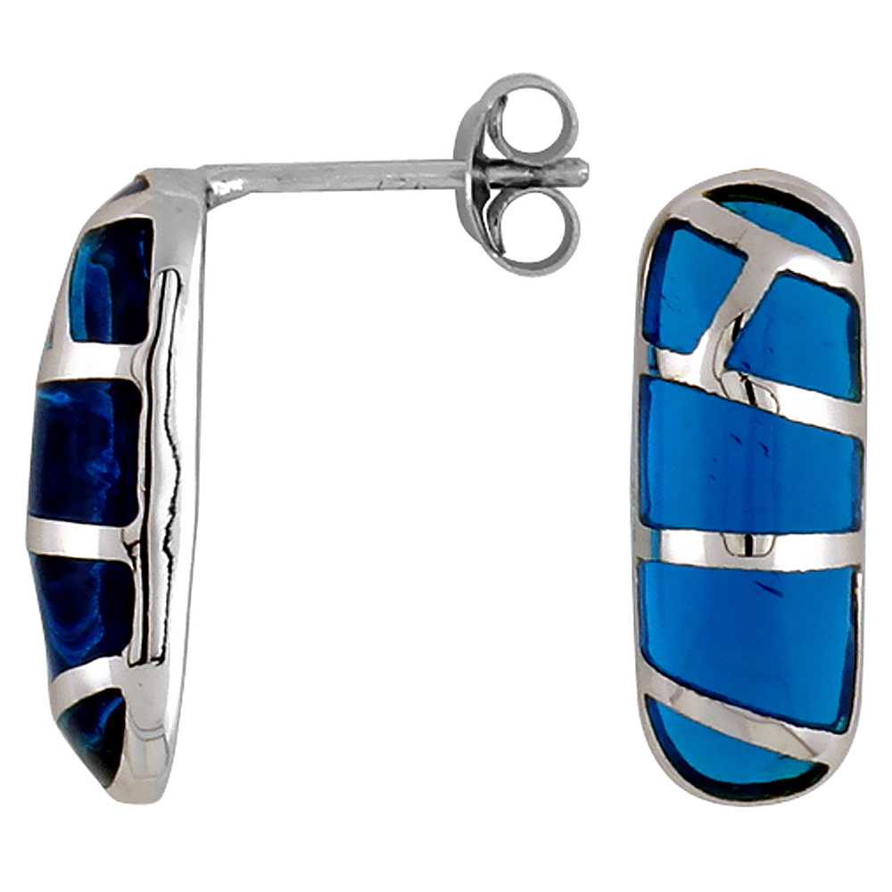 Sterling Silver Stripe Blue Cylindrical Resin Earrings, 1/4 inch wide