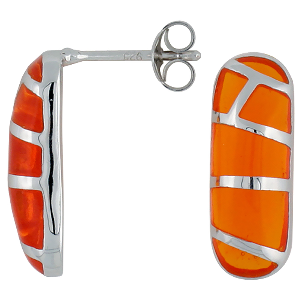 Sterling Silver Stripe Orange Cylindrical Resin Earrings, 1/4 inch wide