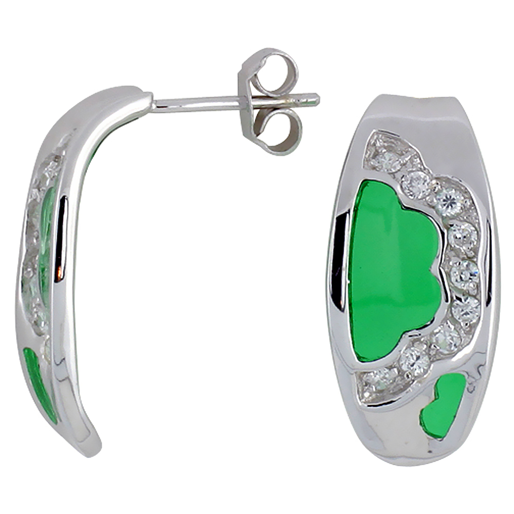 Sterling Silver Cubic Zirconia Green Cloud Resin Earrings, 3/8 inch wide