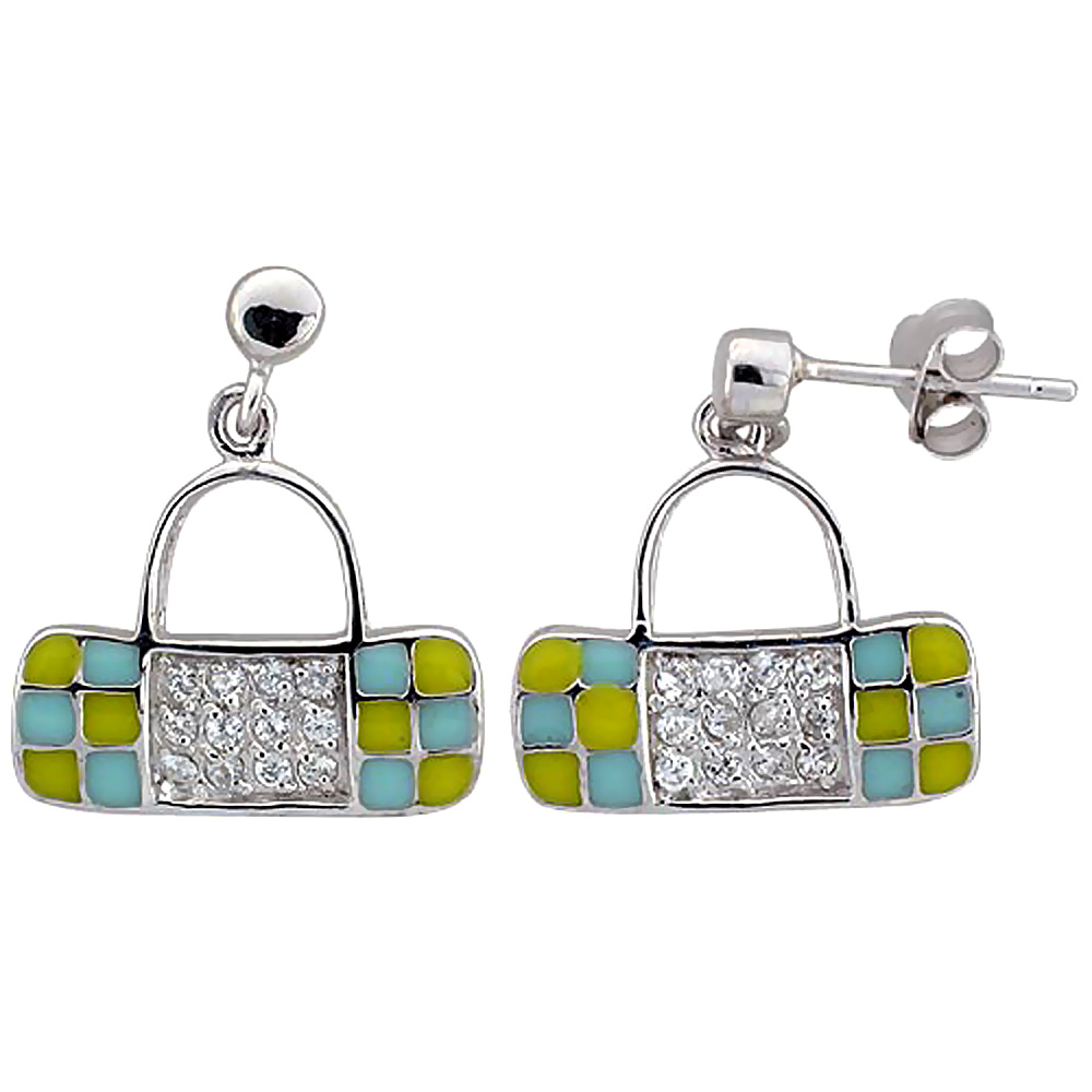 Sterling Silver Purse Earrings Dangle Post Yellow & Turquoise Enamel CZ Stones Rhodium finish, 5/8 inch