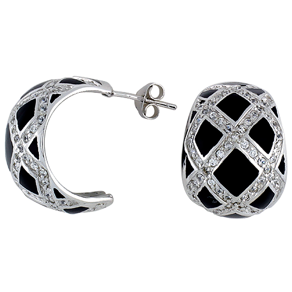 Sterling Silver Cubic Zirconia Black Half Huggie Resin Earrings, 9/16 inch wide
